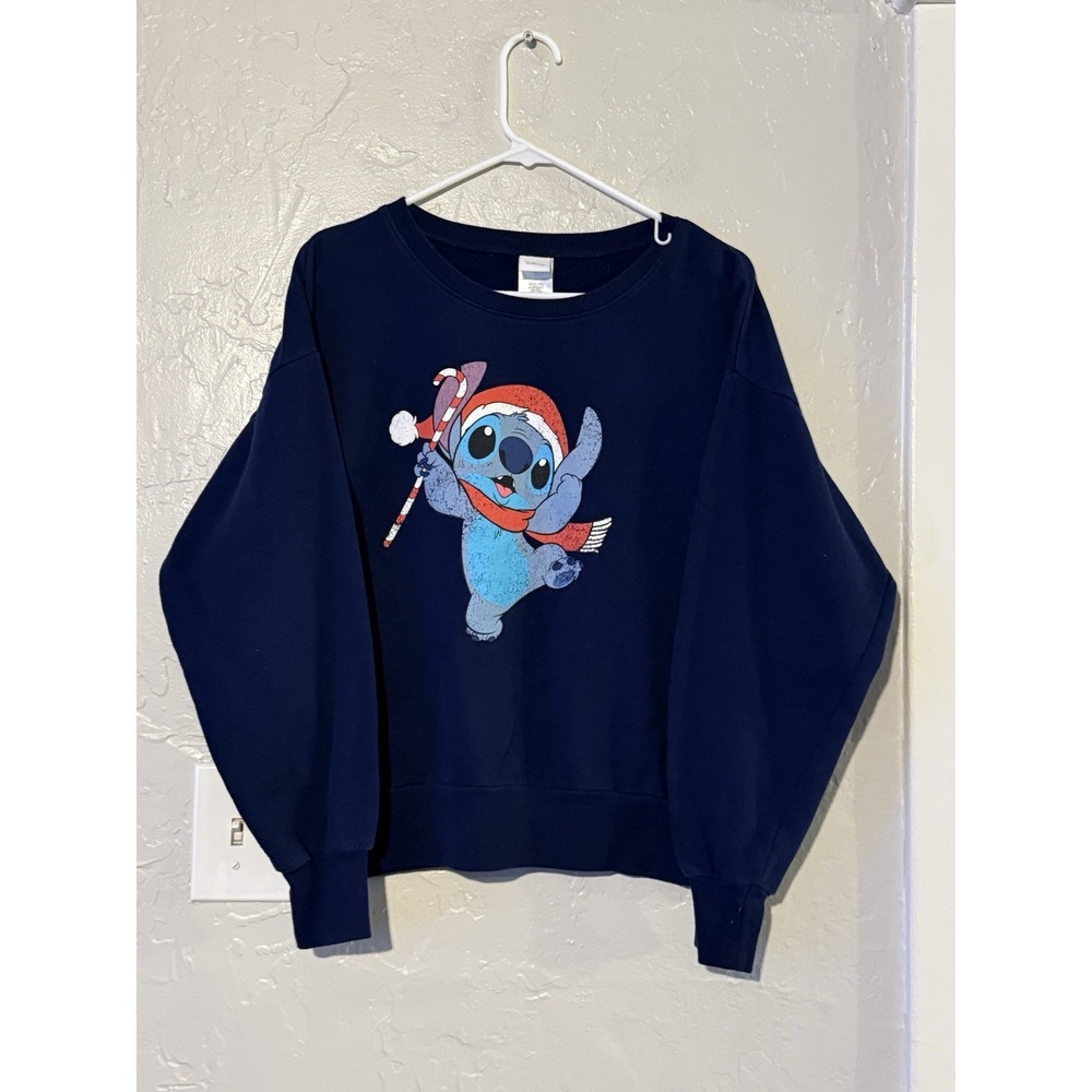 Disney STITCH Santa hat Christmas Crew Neck Navy sweatshirt Size Large